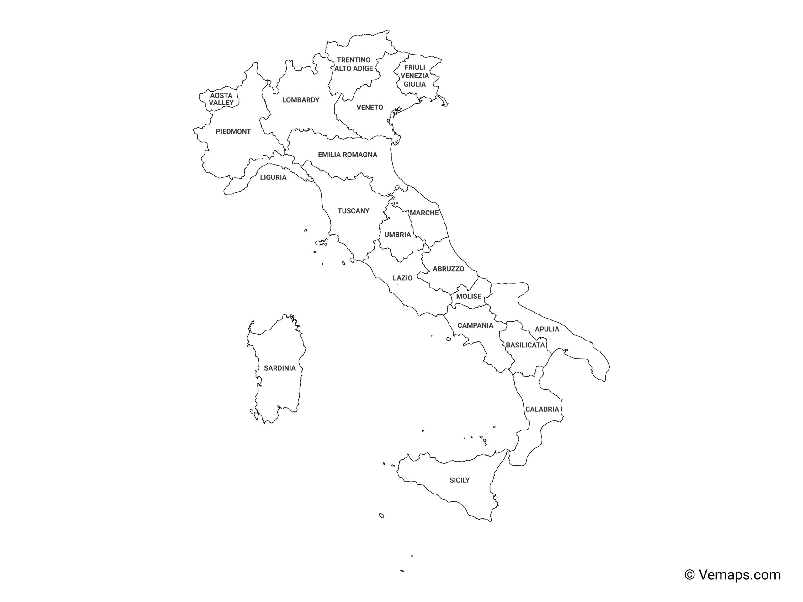 Outline Map Of Italy With Regions And Labels Free Vector Maps
