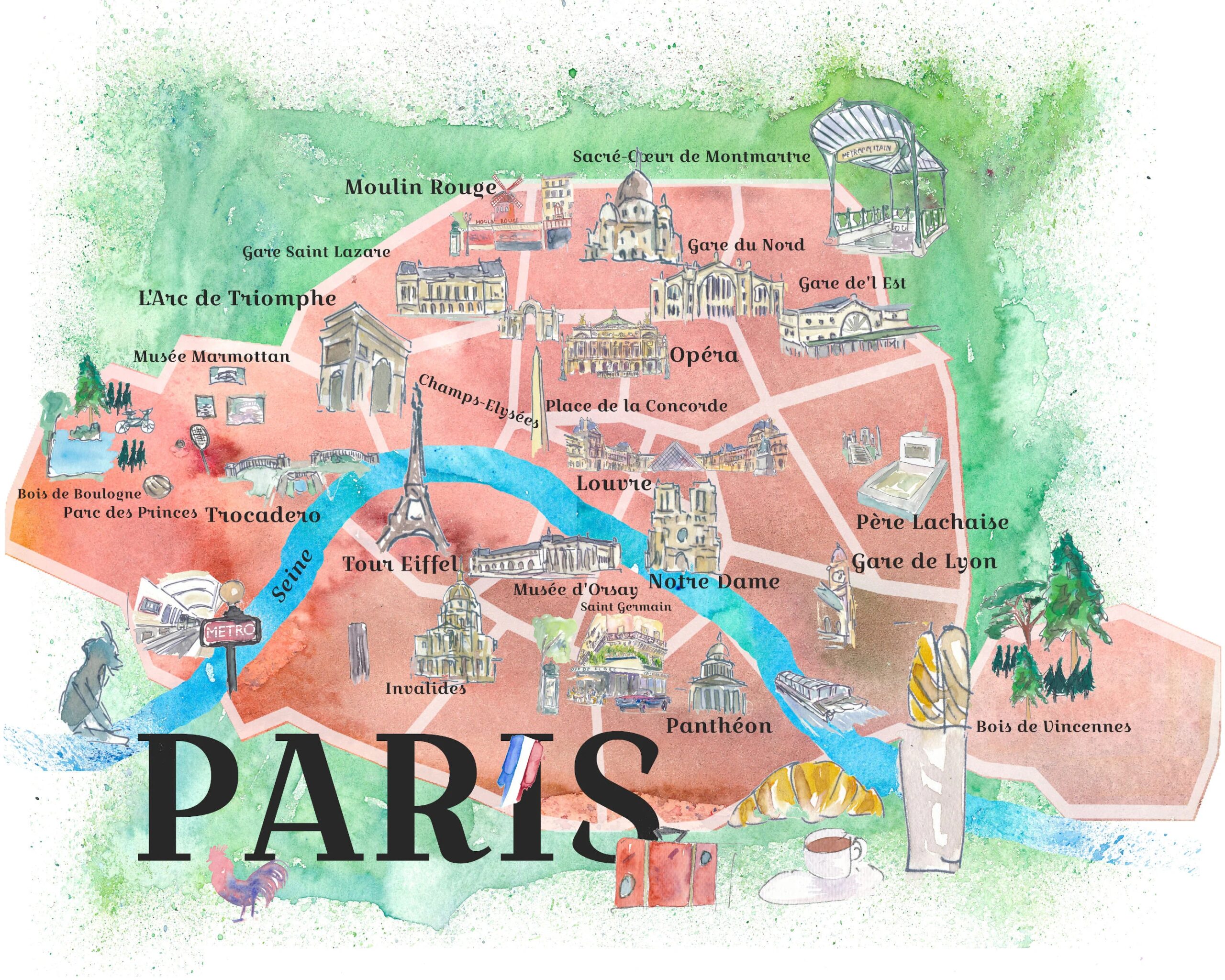 Paris France City Of Love Illustrated Travel Poster Favorite Map Tourist Highlights Etsy