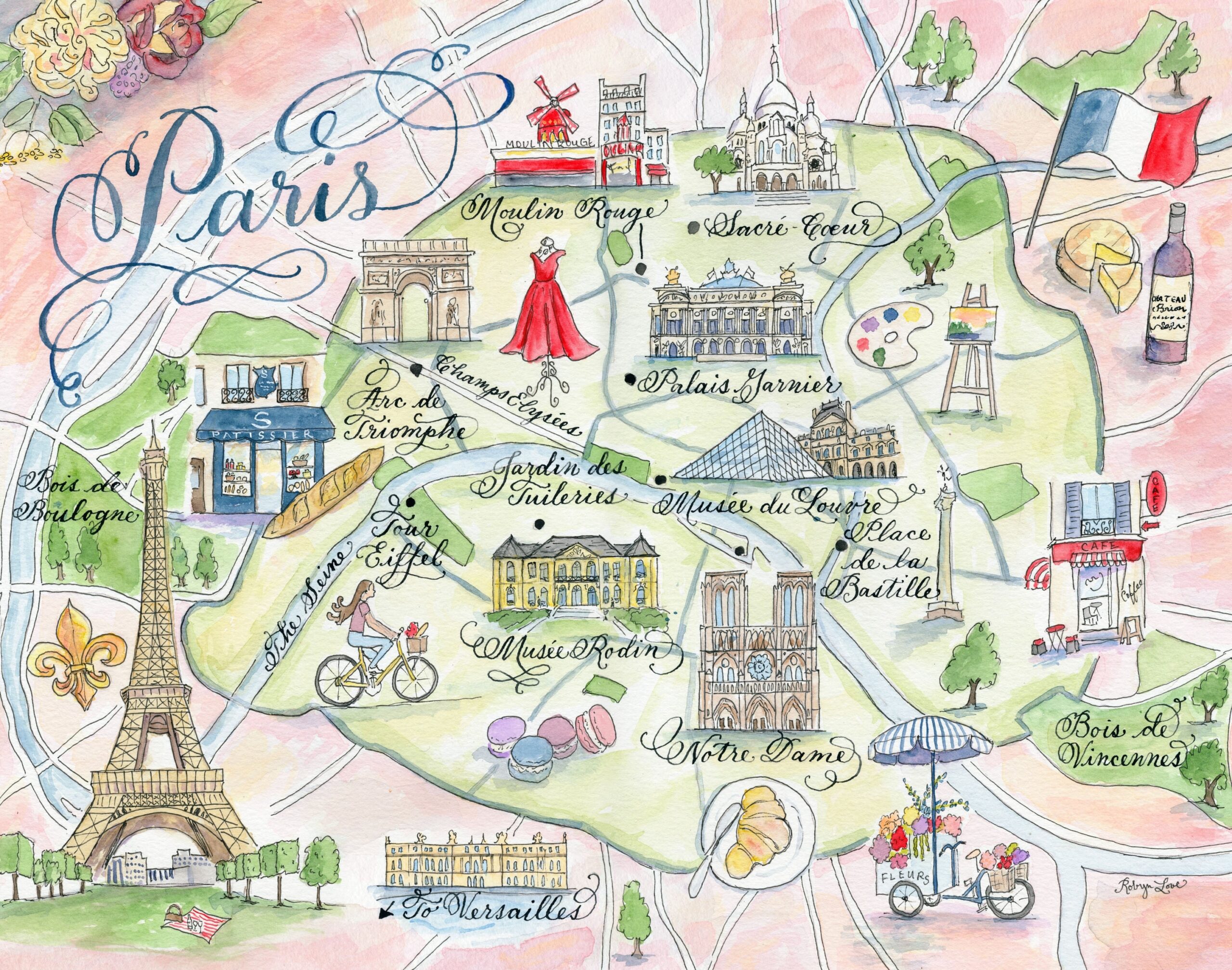 Paris France Map Hand painted Watercolor Luxury Print In 5 X 7 8 X 10 11 X 14 16 X 20 Or 18 X 24 For Framing Etsy