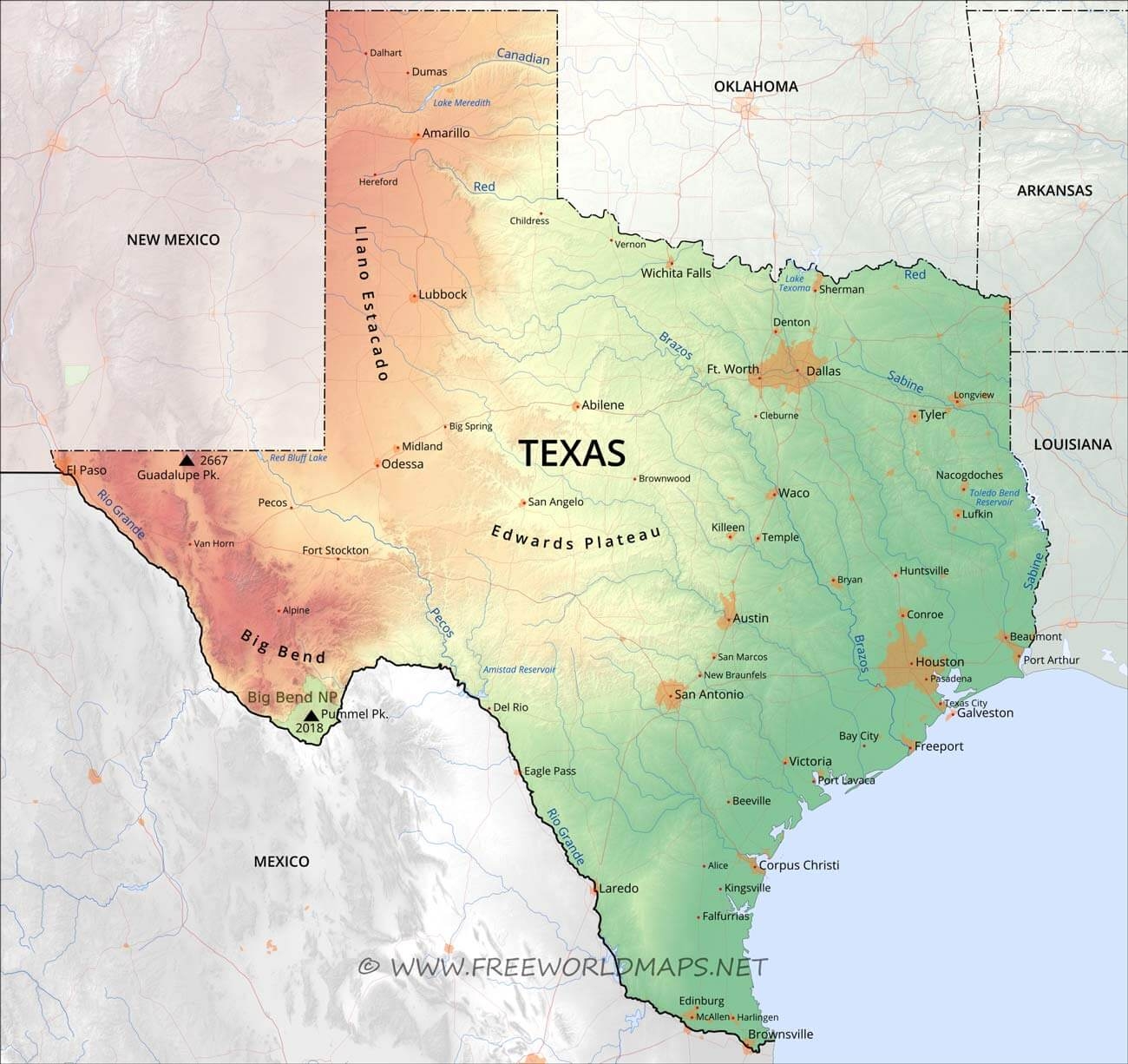 Physical Map Of Texas