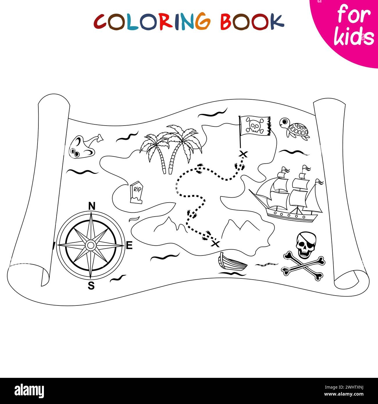 Pirate Adventure Treasure Map Coloring Book Page Template For 