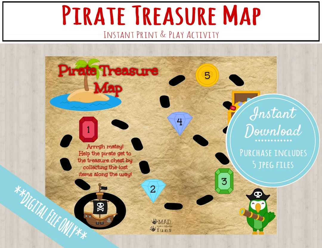 Pirate Treasure Map Activity INSTANT PRINTABLE DOWNLOAD Scavenger Hunt Game pirate Party Clues preschool Kindergarten Toddler Activities Etsy UK