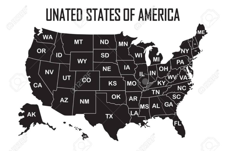 Poster Map Of United States Of America With State Names On The White Background Black And White Print Map Of USA For T shirt Poster Or Geographic Themes Vector Illustration Royalty Free SVG 