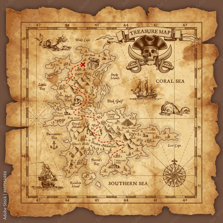 Poster Print Vector Pirate Treasure Map 40x40 Cm