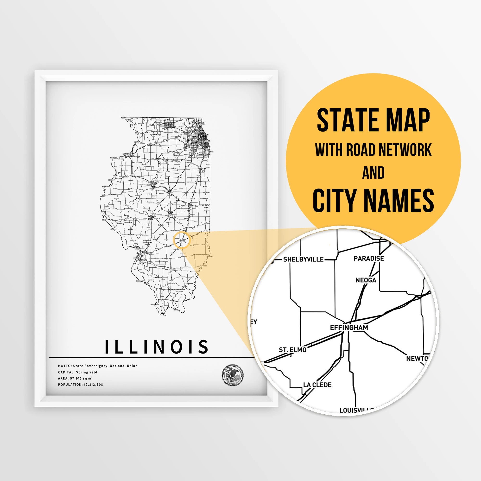 Printable Map Of Illinois With City Names And Roads Instant Download State Map Map Art Push Pin Map Travel Planner Illinois Map Etsy