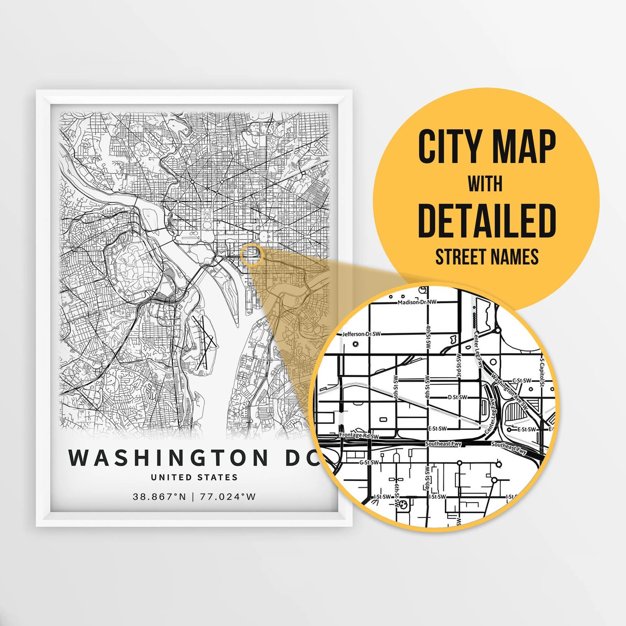 Printable Map Of Washington DC USA With Street Names Instant Download City Map Travel Gift City Poster Road Map Print Street Map Etsy