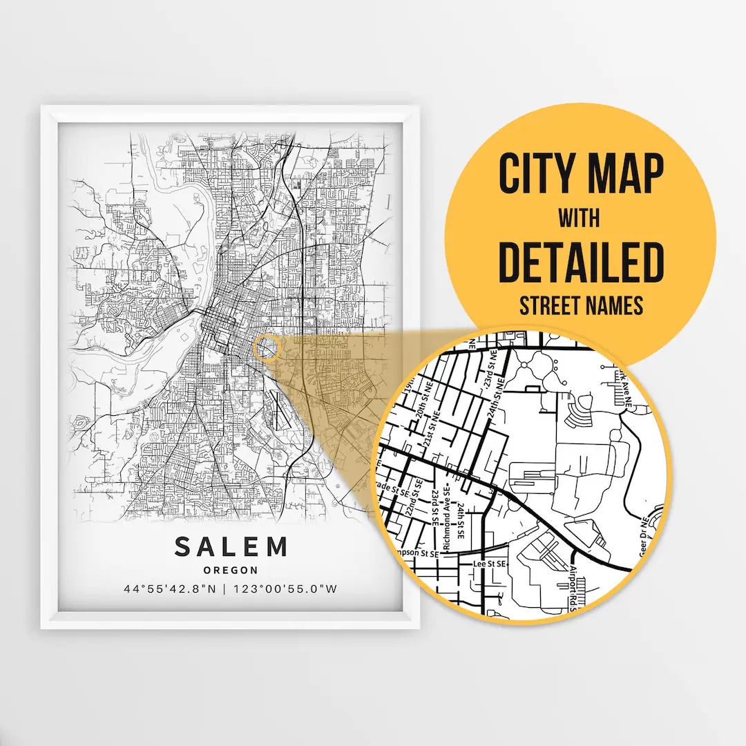 Printable Map Salem Oregon USA With Street Names Instant Download City Map Travel Gift City Poster Road Map Print Street Map Etsy