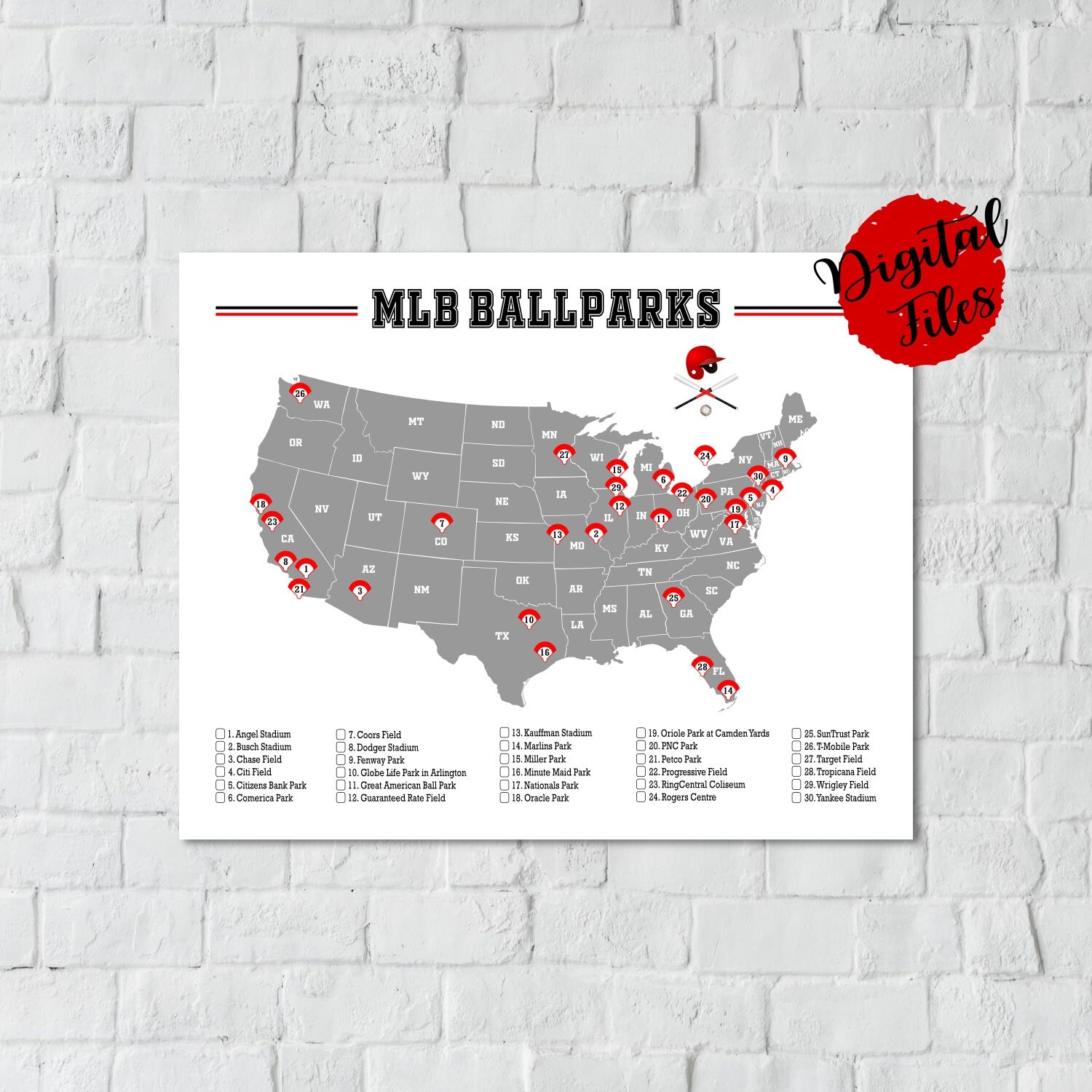 PRINTABLE MLB Ballparks Map major League Baseball Ballparks Print baseball Stadiums Map map Baseball Checklist baseball Gift baseball Print Etsy