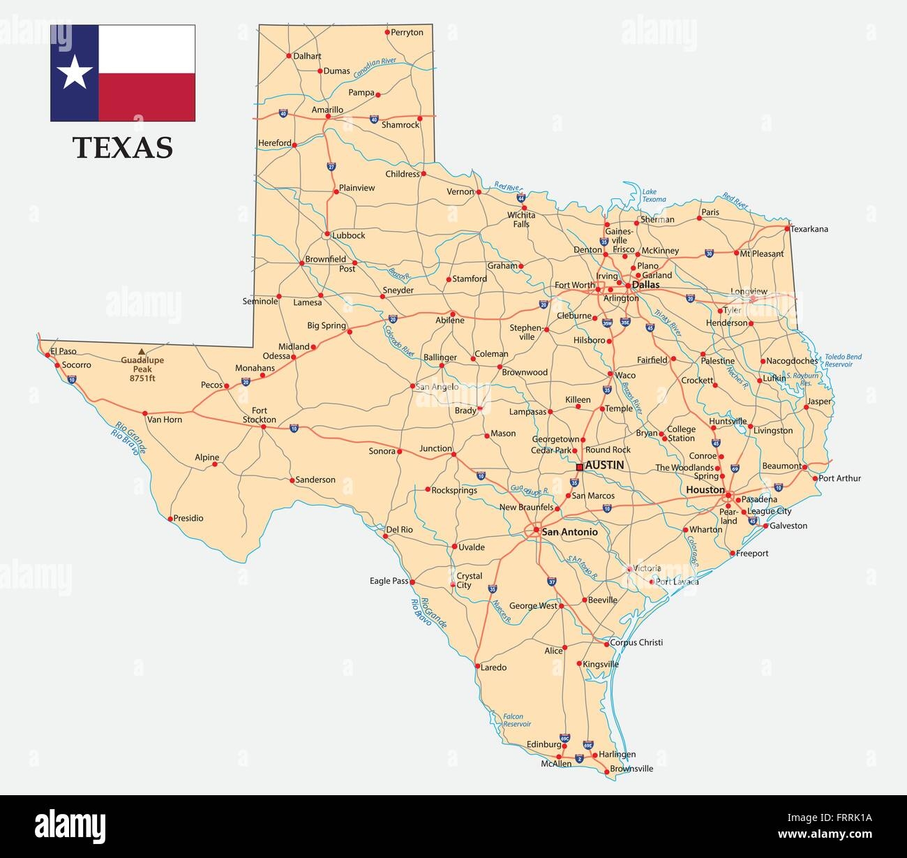 Road Map Of The US American Federal State Texas With Flag Stock Vector Image U0026 Art Alamy