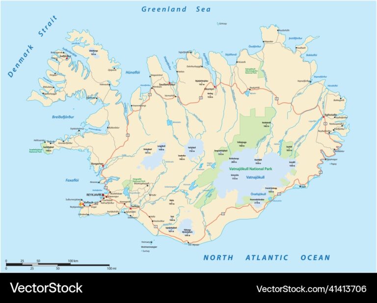 Roads And National Parks Map Of Iceland Royalty Free Vector
