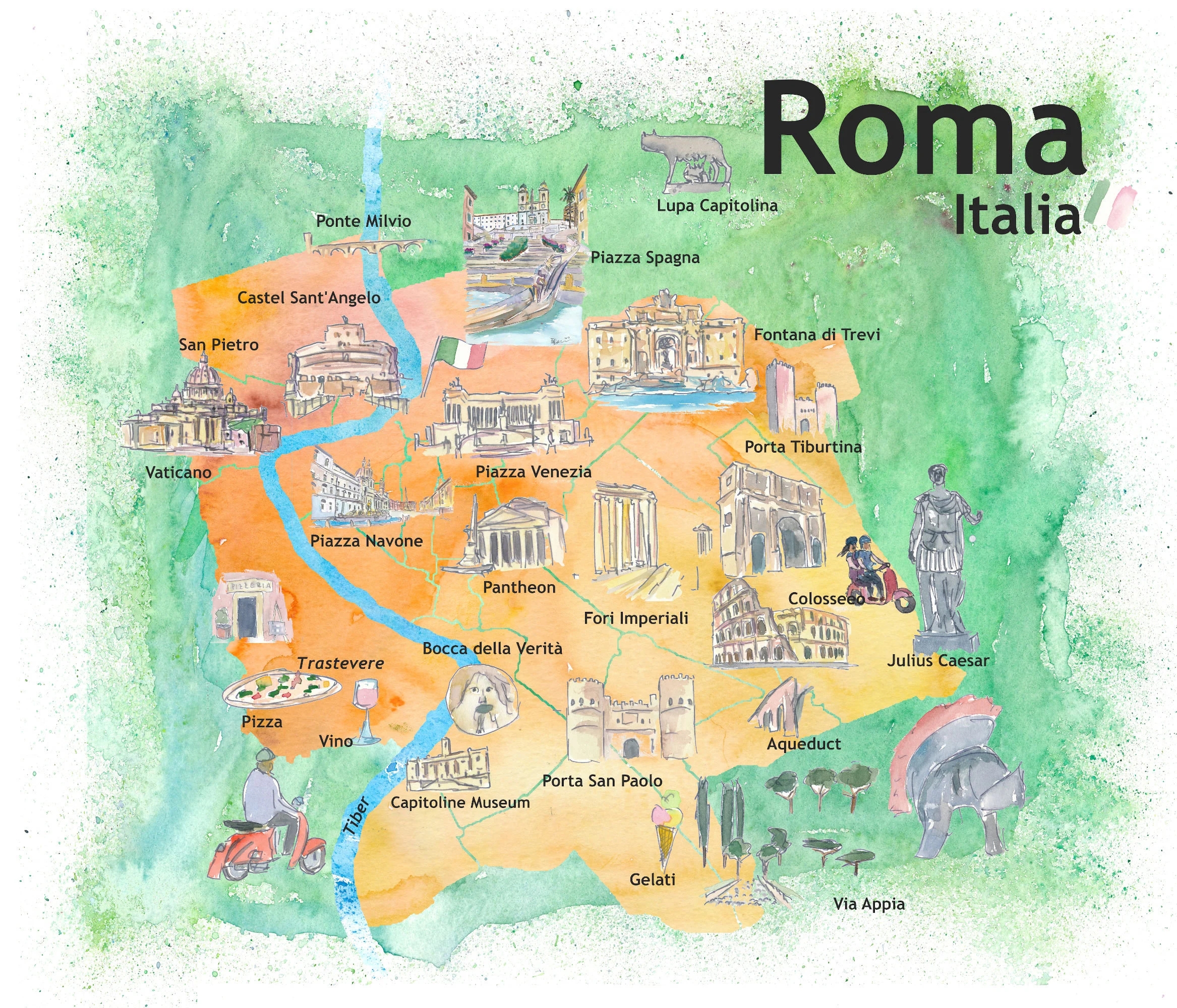 Rome Italy Illustrated Travel Poster Favorite Map Tourist 