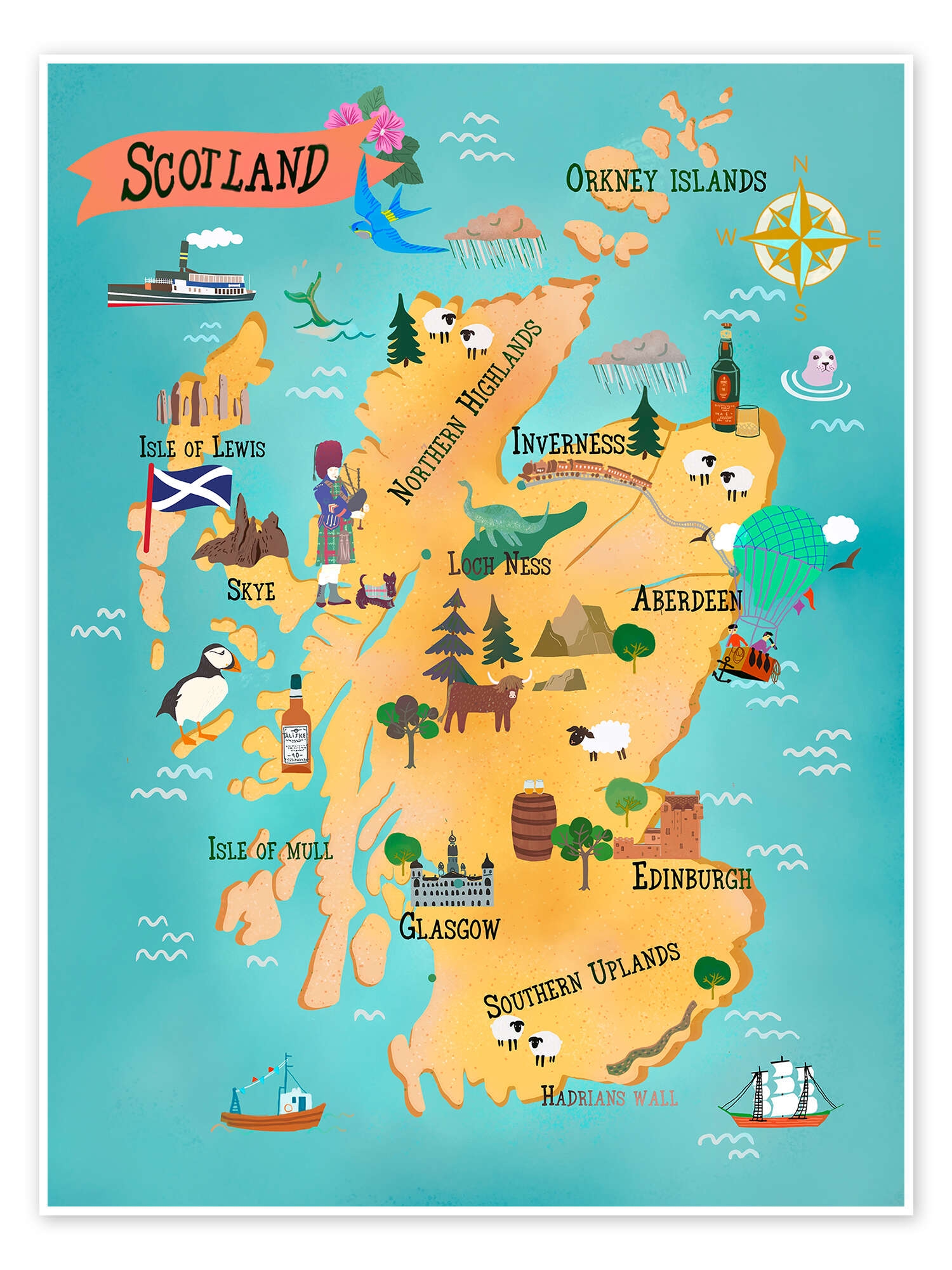 Scotland Map With Sights Print By Taika Tori Posterlounge