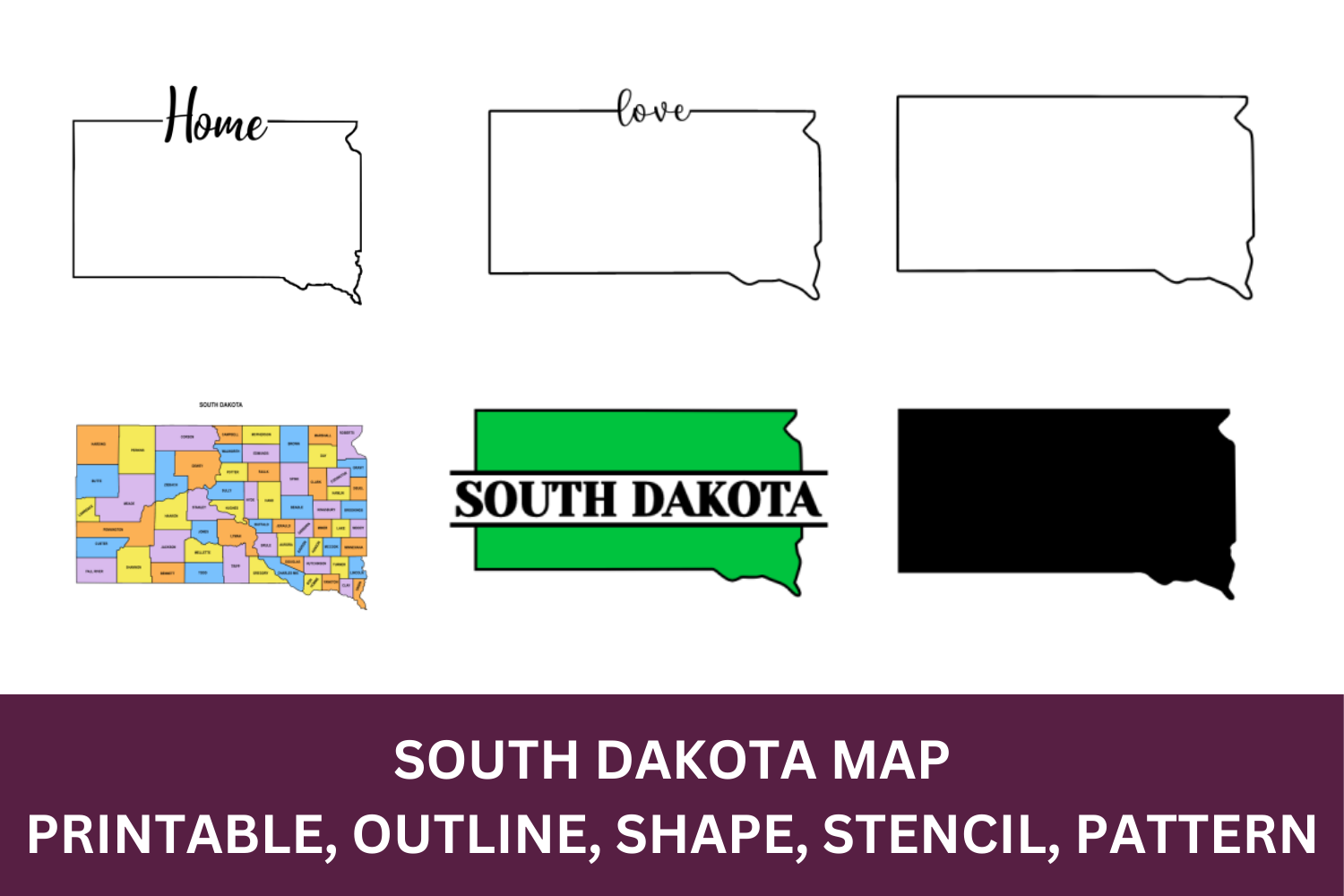 South Dakota Map Outline Printable State Shape Stencil 