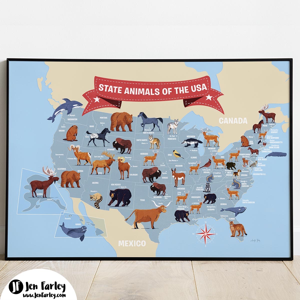 State Animals Of The USA Map Print Blue Version Jennifer Farley Picture Books Illustration Maps Design