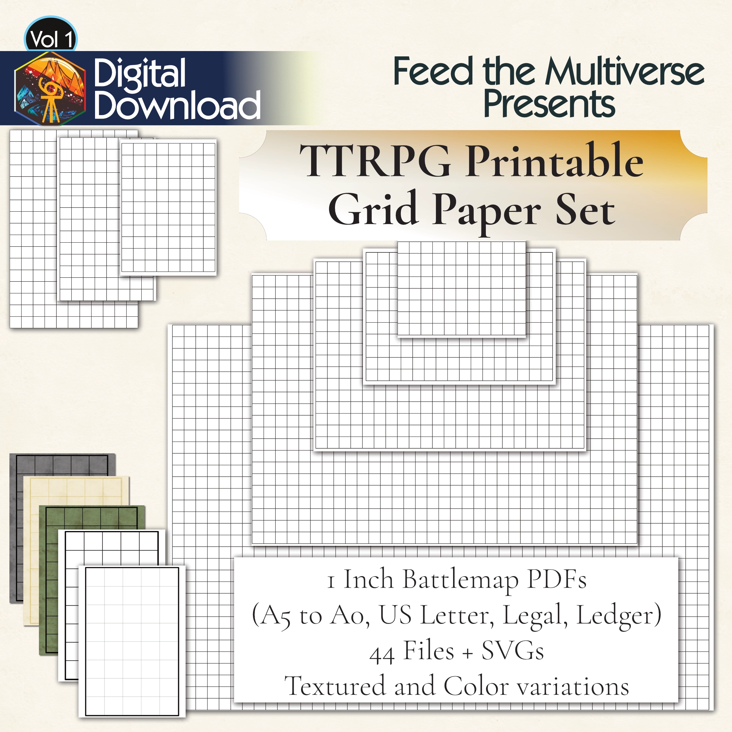 TTRPG Printable Grid Paper Set 1 Inch Battle Map PDFs A5 To A0 US Letter Legal Ledger 44 Files SVGs Thin Thick Textured Color