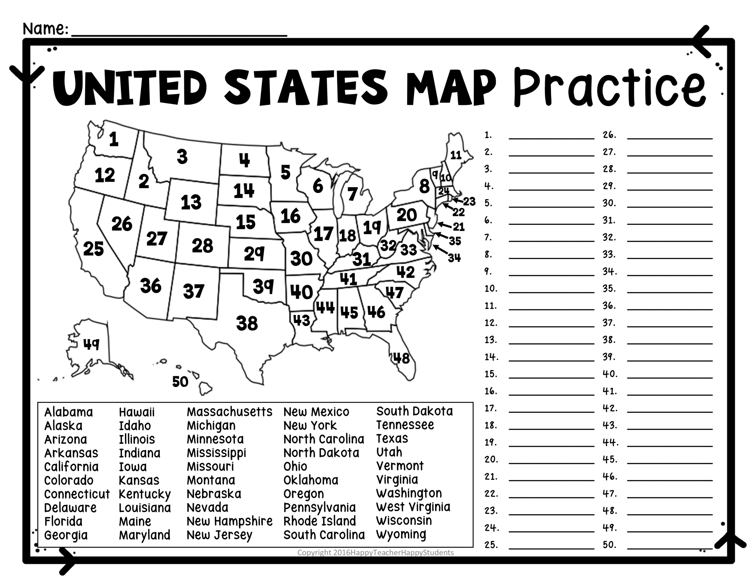 United States Map Quiz U0026 Worksheet USA Map Test W Practice Sheet US Map Quiz Made By Teachers