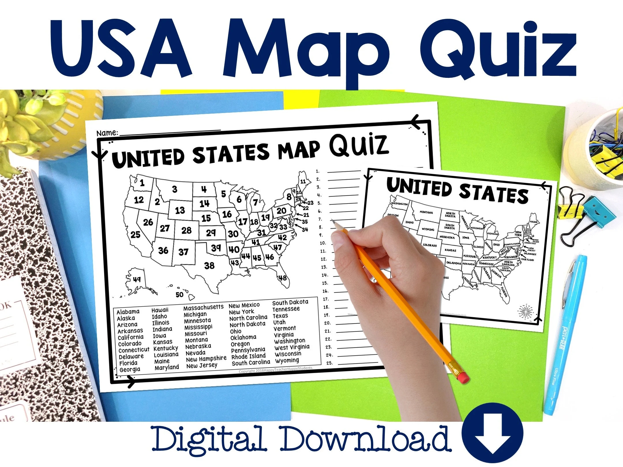 United States Map Quiz U0026 Worksheet USA Map Test With Practice Sheet States Map Quiz Decorate USA Map Bulletin Board USA Map For Kids Etsy