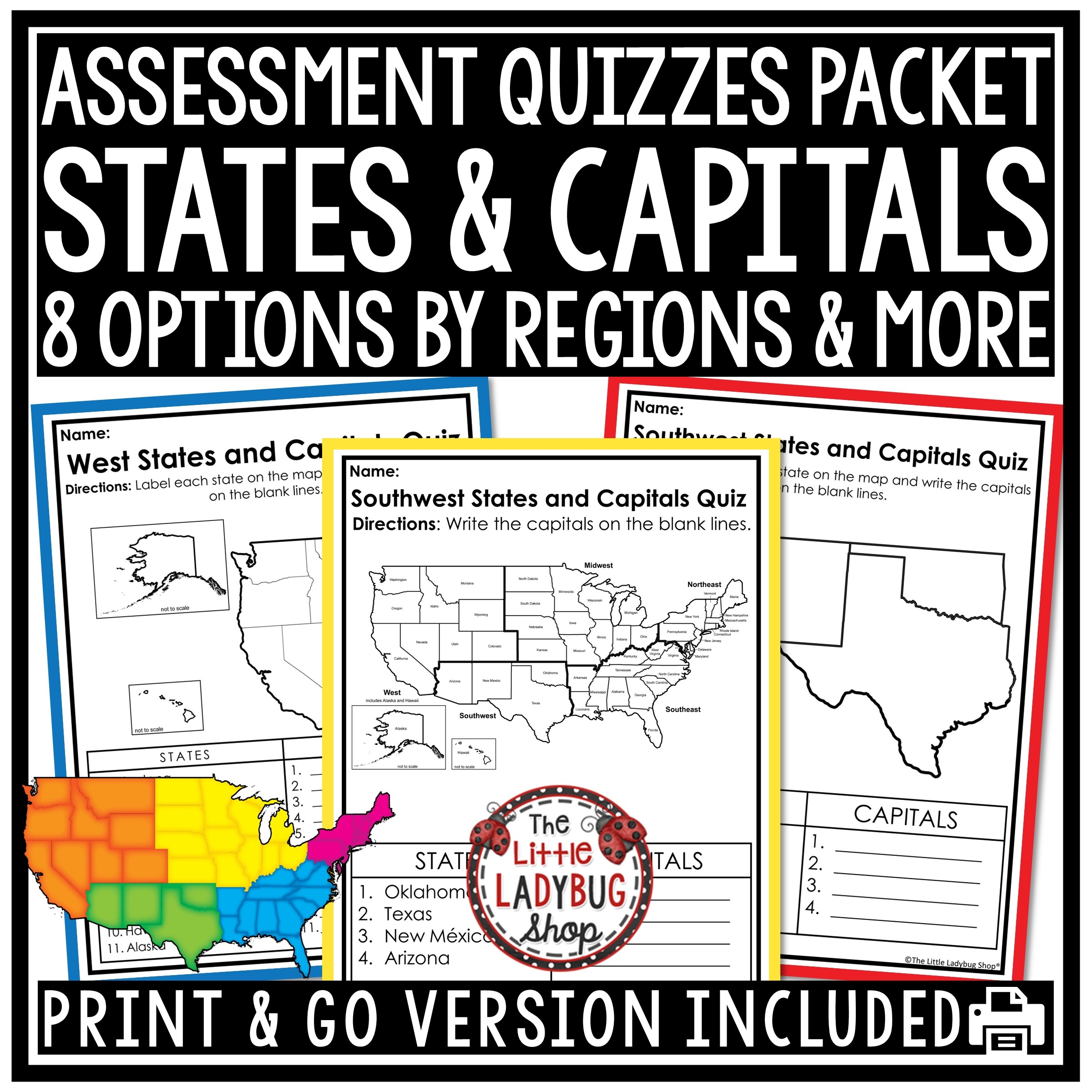 United States US 50 States And Capitals Quiz Test Worksheets The Little Ladybug Shop