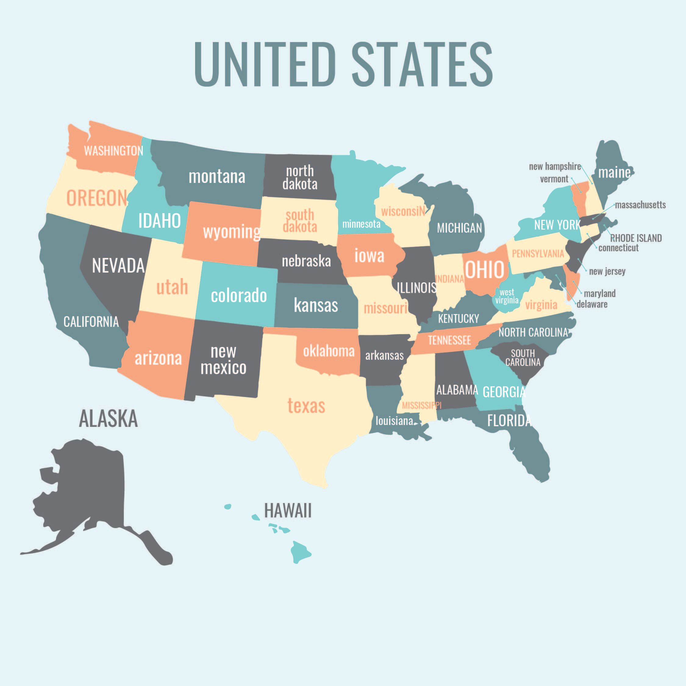 United States USA Map With States Labeled Printable Black And 