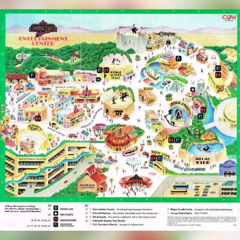 Universal Studios Hollywood Park Map May 1990 Places Of Interest Carnival International Super Silly Fun Land An Americal Tail Despicable Me Minion Mayhem The Riot Act Stunt Show Universal Plaza Winstons