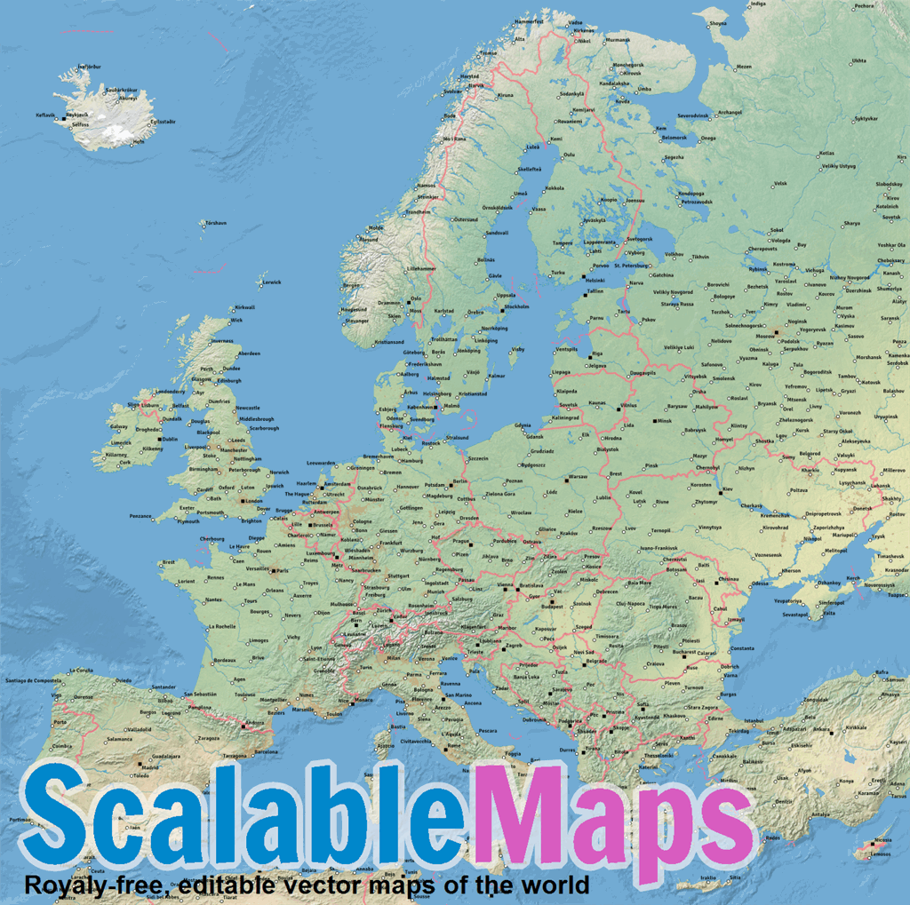 Vector Map Of Europe natural cities low Theme In AI And PDF Formats