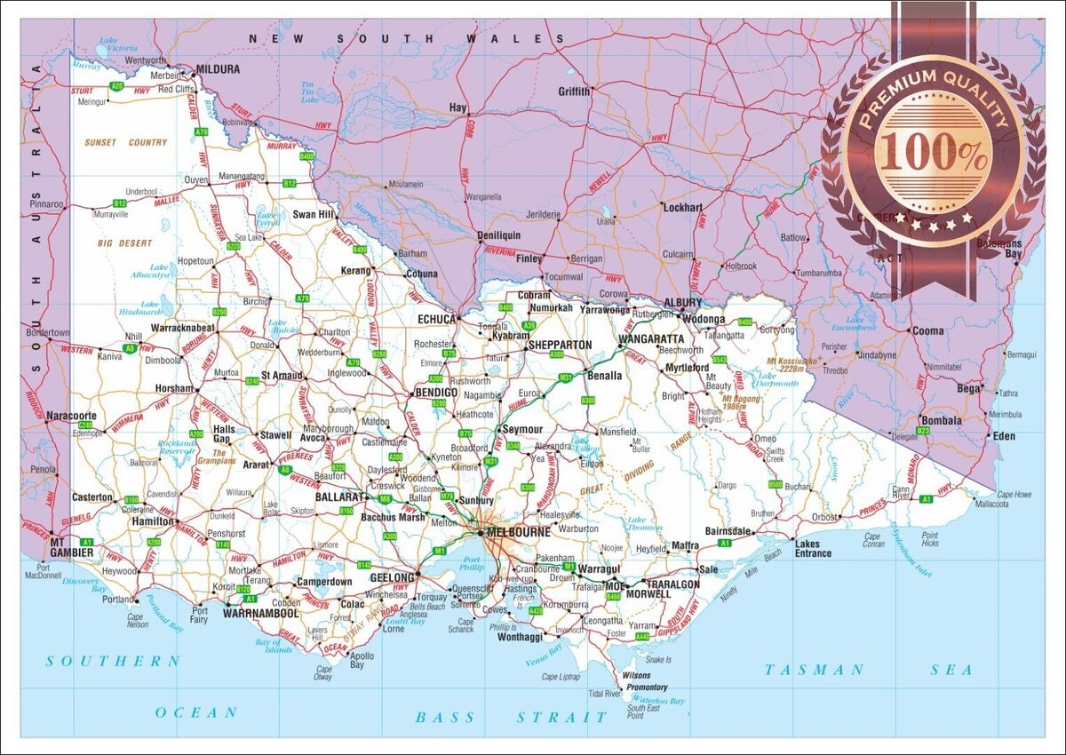 VICTORIA STATE ROADS VIC MAP OF AUSTRALIA AUS WALL CHART PRINT PREMIUM POSTER