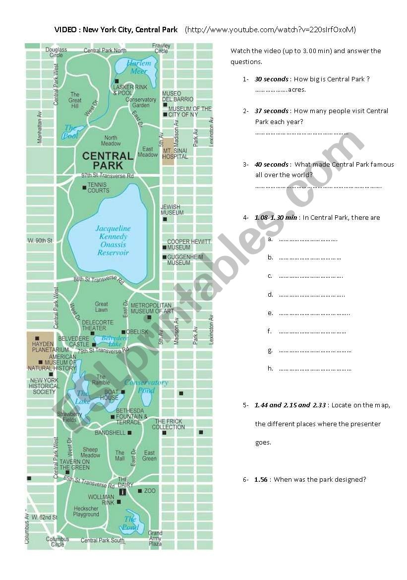 VIDEO NEW YORK CITY Central Park ESL Worksheet By Krokette