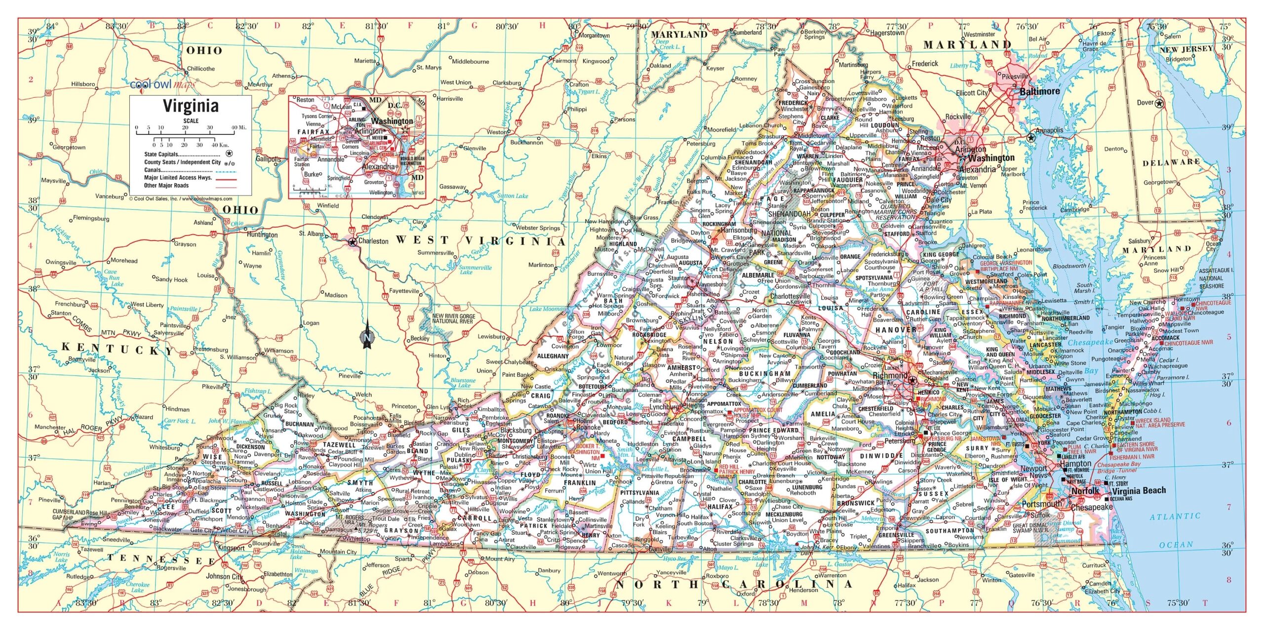 Virginia State Wall Map Large Print Poster