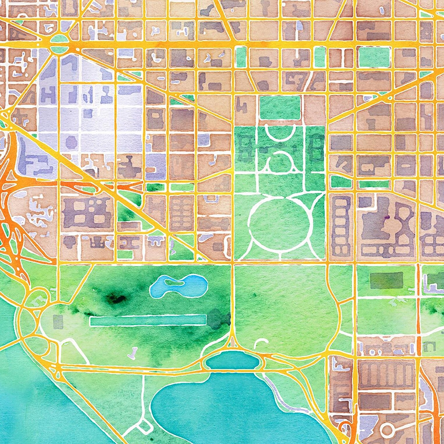 Washington DC Panoramic Watercolor Map Print Zoomed National Mall And Downtown DC Watercolor Map Poster Etsy