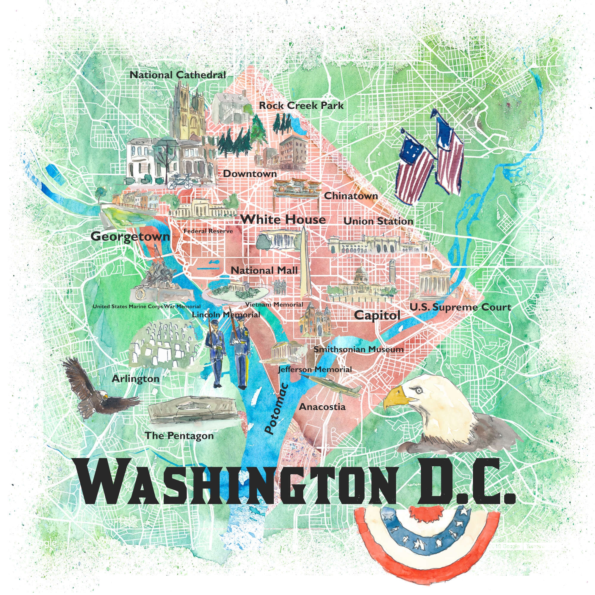 Washington DC USA Fine Art Print Retro Vintage Travel Poster Map With Touristic Highlights Etsy