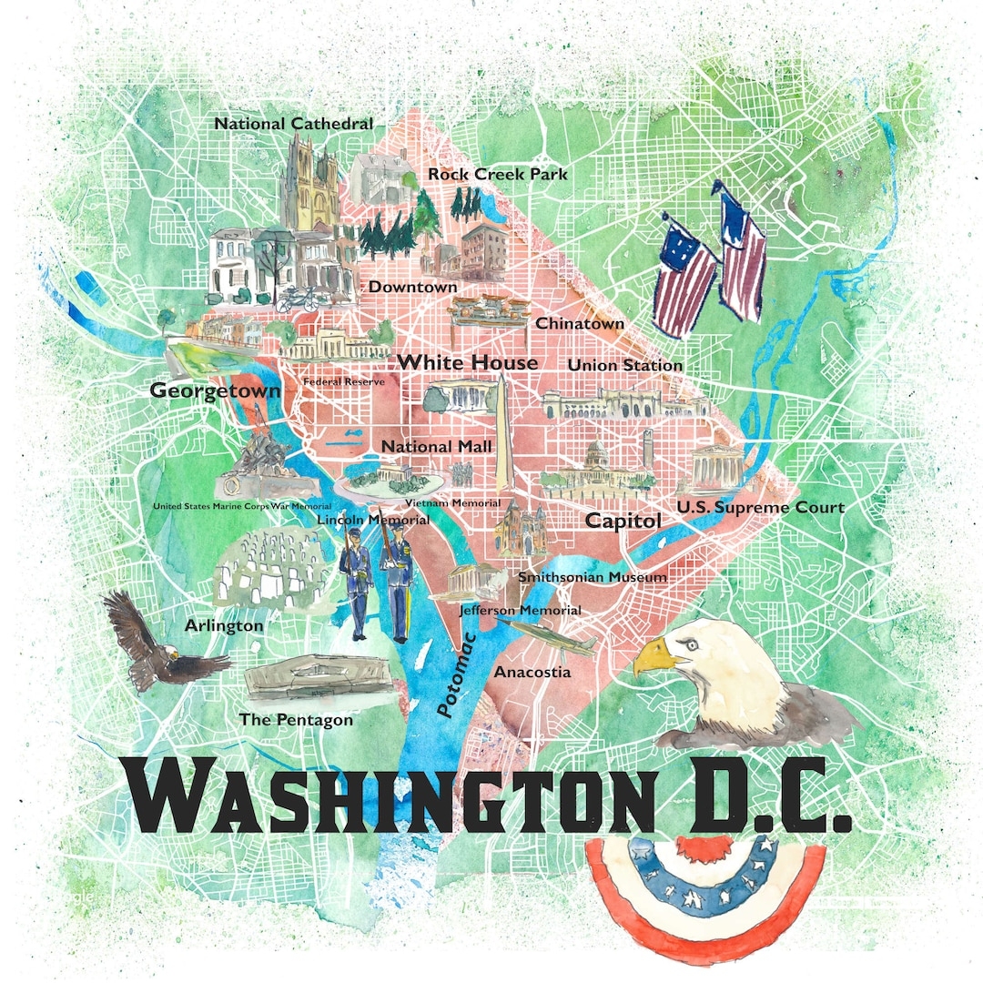 Washington DC USA Fine Art Print Retro Vintage Travel Poster Map With Touristic Highlights Etsy Washington DC USA Fine Art Print Retro Vintage Travel Poster Map With Touristic Highlights Etsy