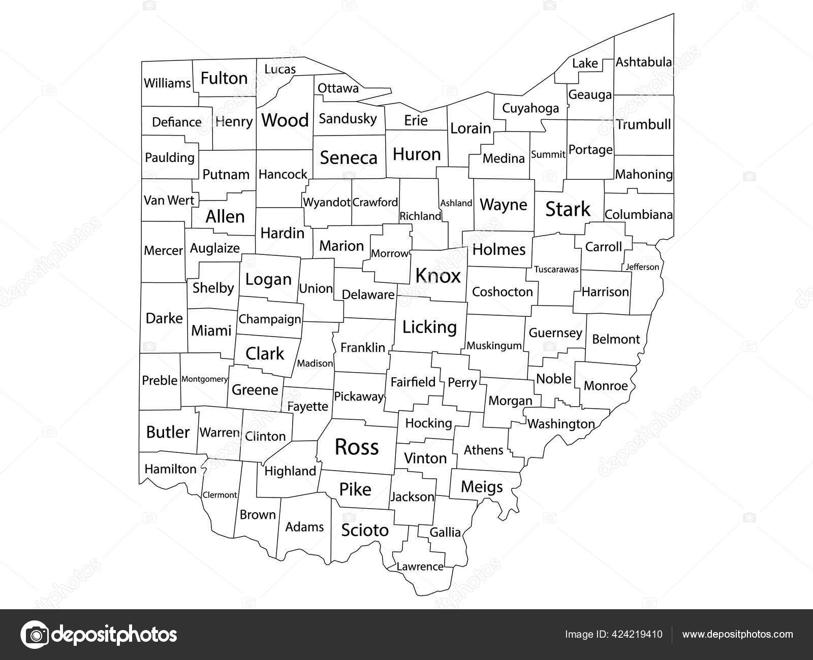 White Outline Counties Map Counties Names State Ohio Stock 