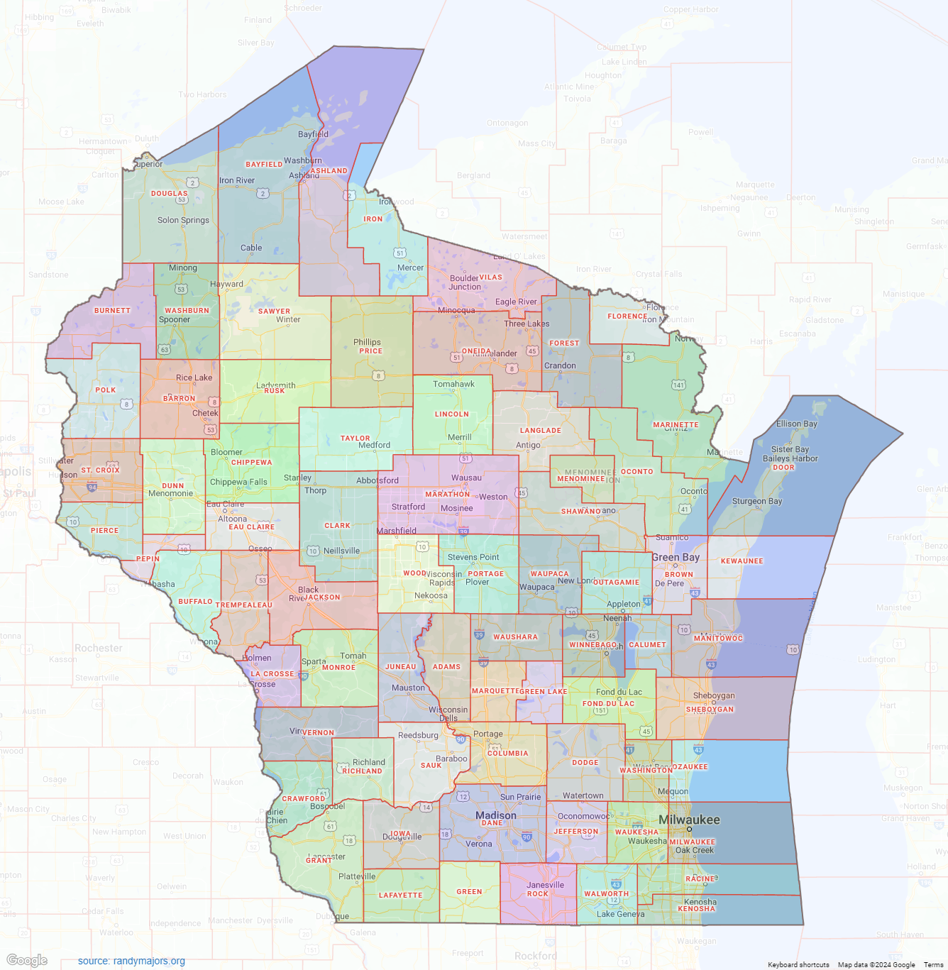 Wisconsin County Map Shown On Google Maps
