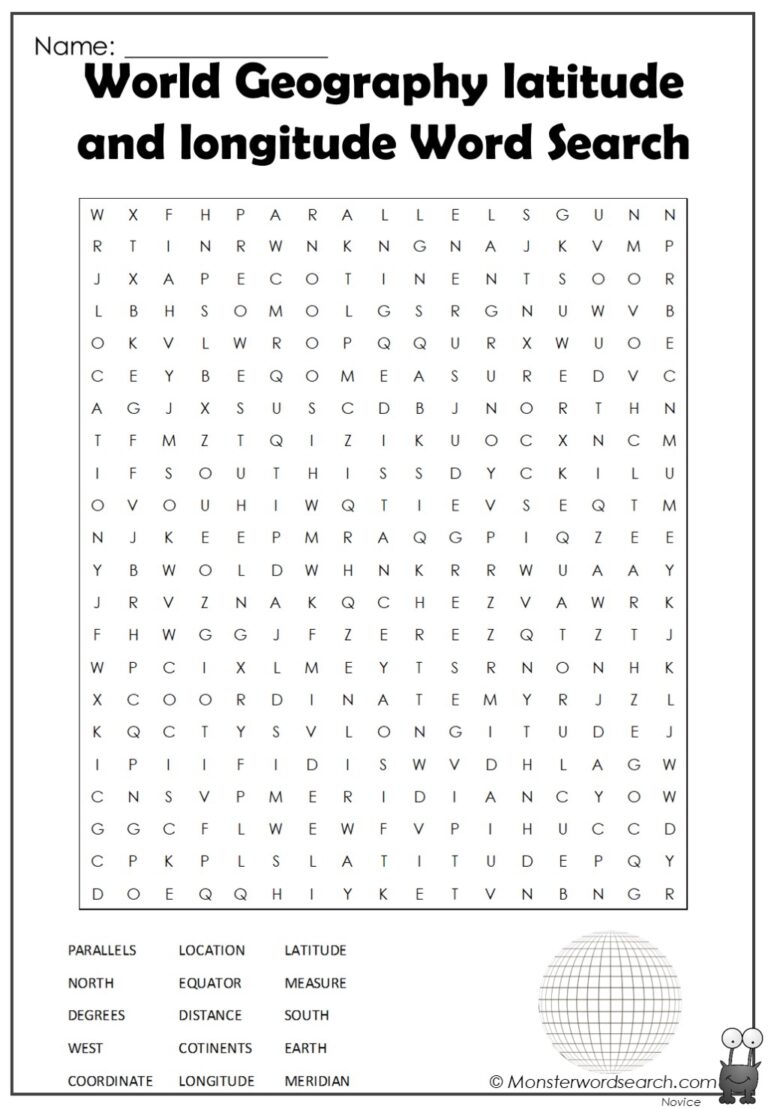 World Geographys Latitude And Longitude Word Search Monster Word 