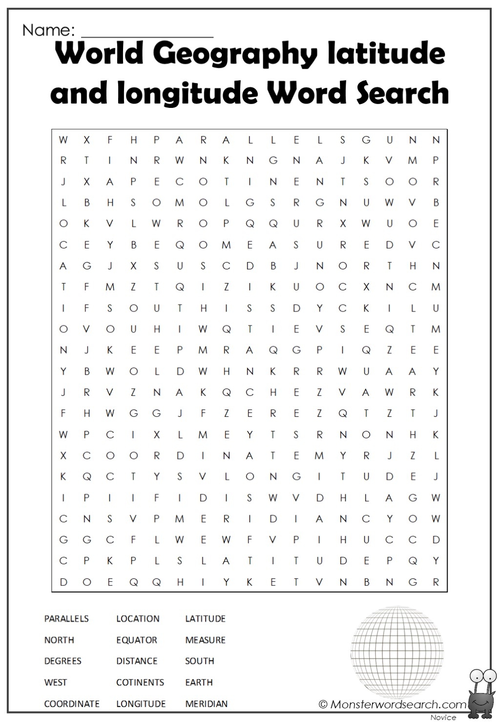 World Geographys Latitude And Longitude Word Search Monster Word 