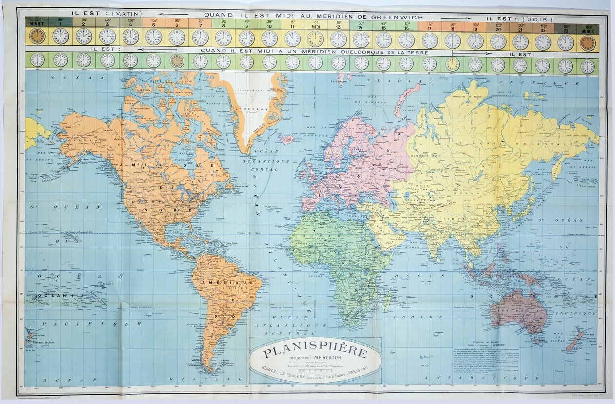 World Map Of The Different Time Zones Published By Blondel La Rougery In Paris C 1920 World Map Of The Different Time Zones Published By Blondel La Rougery In Paris C 1920