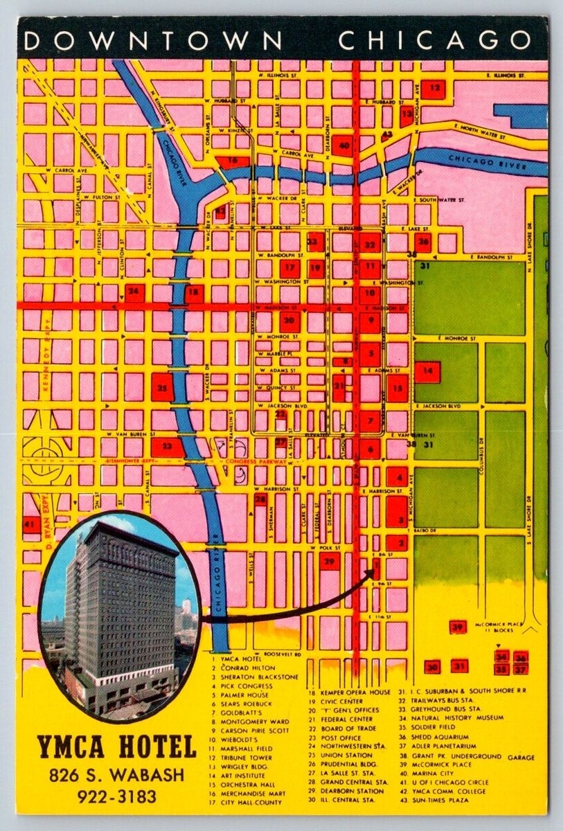 YMCA Hotel Downtown Chicago Illinois Street Map With Points Of Interest Postcard EBay